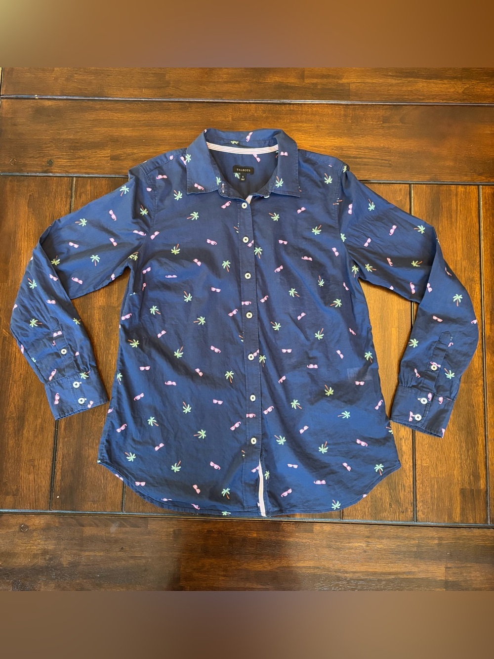 Talbots Navy Palm Tree Summer Button-Down Cotton Shirt with Pink Sunglasses S